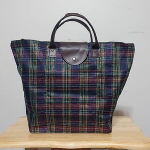 Collapsible Classic Plaid Tote Bag with Brown Handles